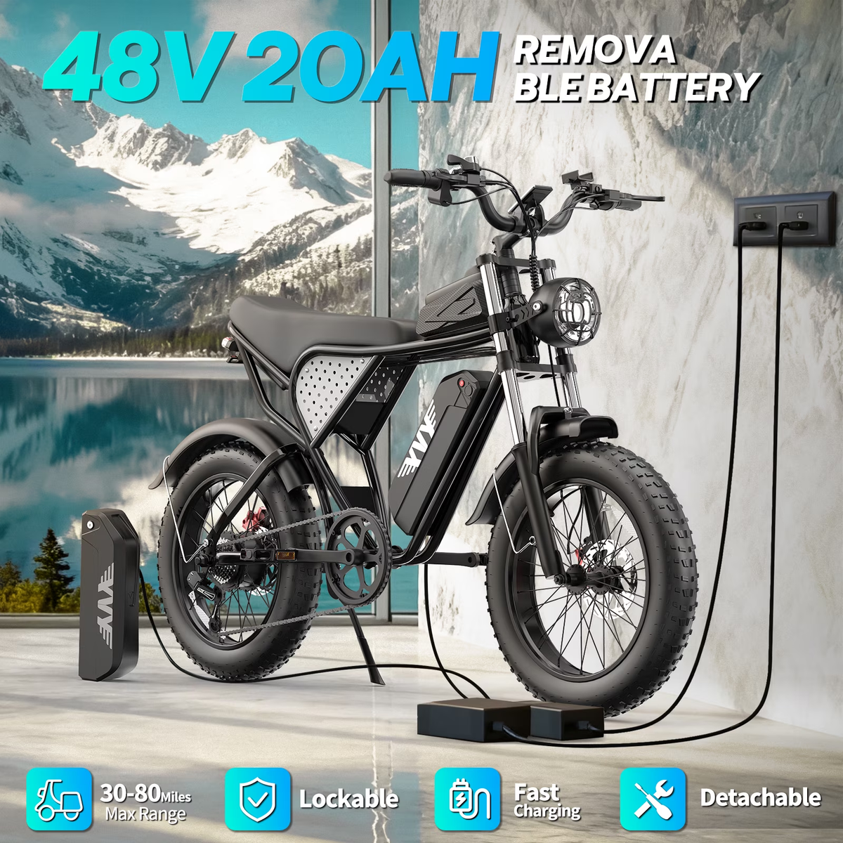 750W 28Mph, 48V 20Ah Max 80 Miles Electric Bike, 20" Fat Tire E-Bike for Adults, E-Mountain Bike with Disc Brakes cTUVus Certified,Class 3