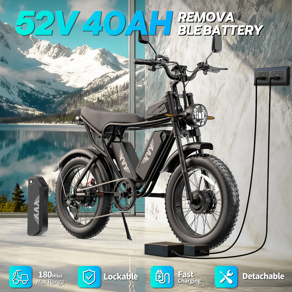 YVY 750W 28Mph Electric Bike,52V 40AH,Max 170 Miles E-Bike for Adults,20" Fat Tire Mountain Bike cTUVus Certified,Class 3