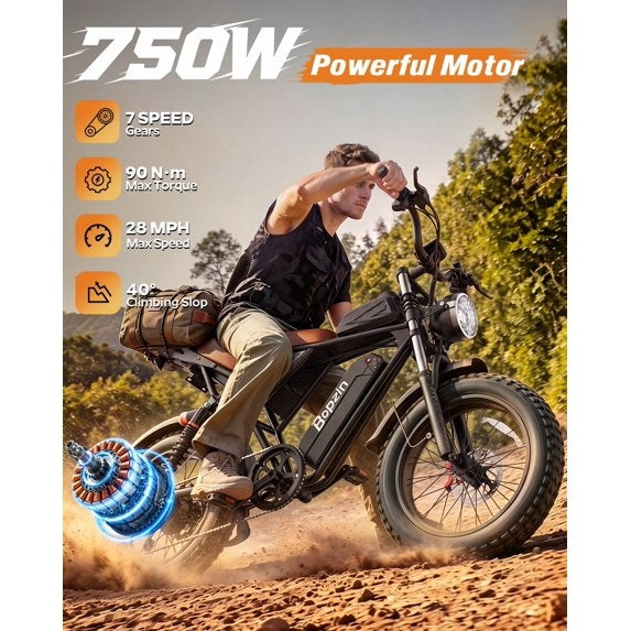 750W 28Mph,48V 25AH E-Bike for Adults,Max 80 Mi, 20" Fat Tire Mountain Bike,Disc Brakes,Full Suspension,cTUVus Certified,Class 3