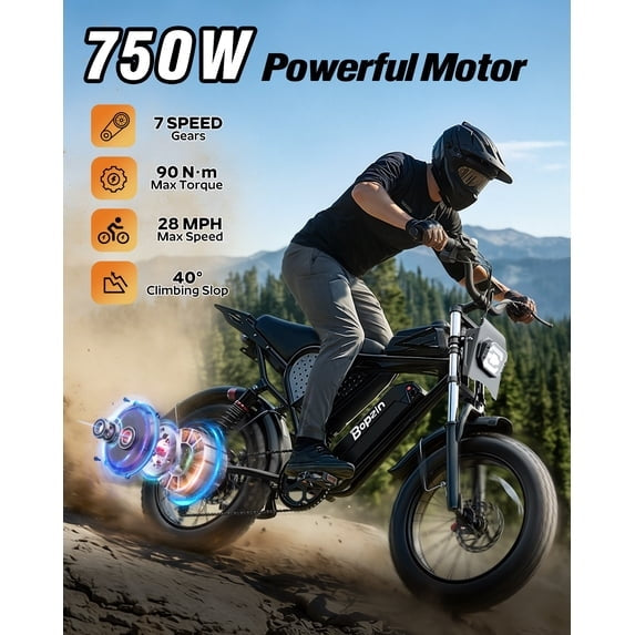 750W 28Mph E-Bike for Adult,48V 25AH,Max 90 Miles Electric Bicycle Disc Brakes, 20" Fat Tires Mountain Bike cTUVus Certified