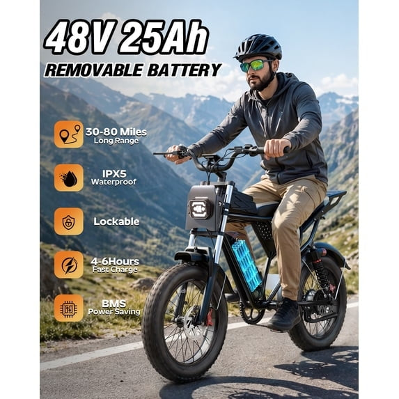 750W 28Mph E-Bike for Adult,48V 25AH,Max 90 Miles Electric Bicycle Disc Brakes, 20" Fat Tires Mountain Bike cTUVus Certified